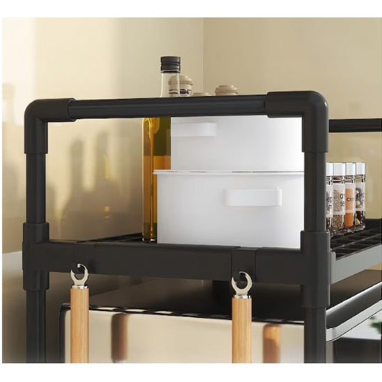 Raft Organizator pentru Cuptor Microunde DMV Solux, Etajera Bucatarie cu Agatatori Laterale, Suport Multifunctional din Plastic Rezistent, Organizator Raft Dublu pentru Blat, Economisire Spatiu, 49x48x32 cm, Negru Elegant