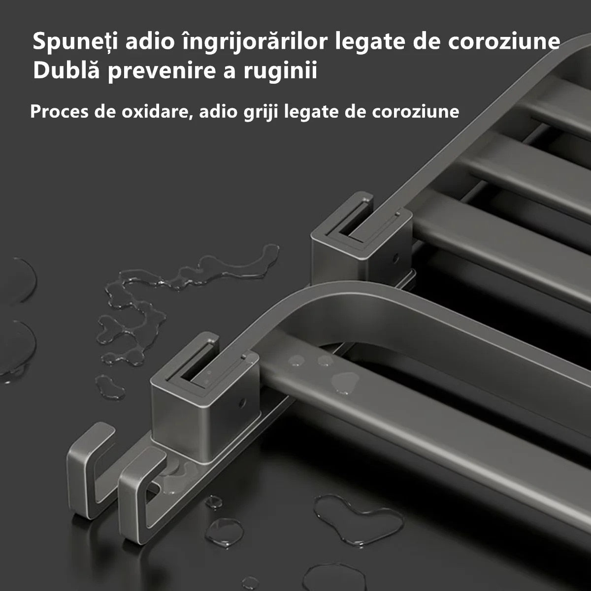 Suport Prosoape Baie Vivendo Pliabil Aluminiu 2 Niveluri Polita Carlige 60cm Gri Montaj Dual