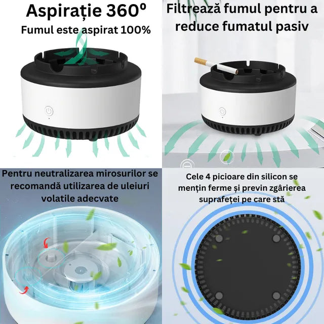 Scrumiera Electrica Inteligenta cu Aspiratie 360 Grade, Alba