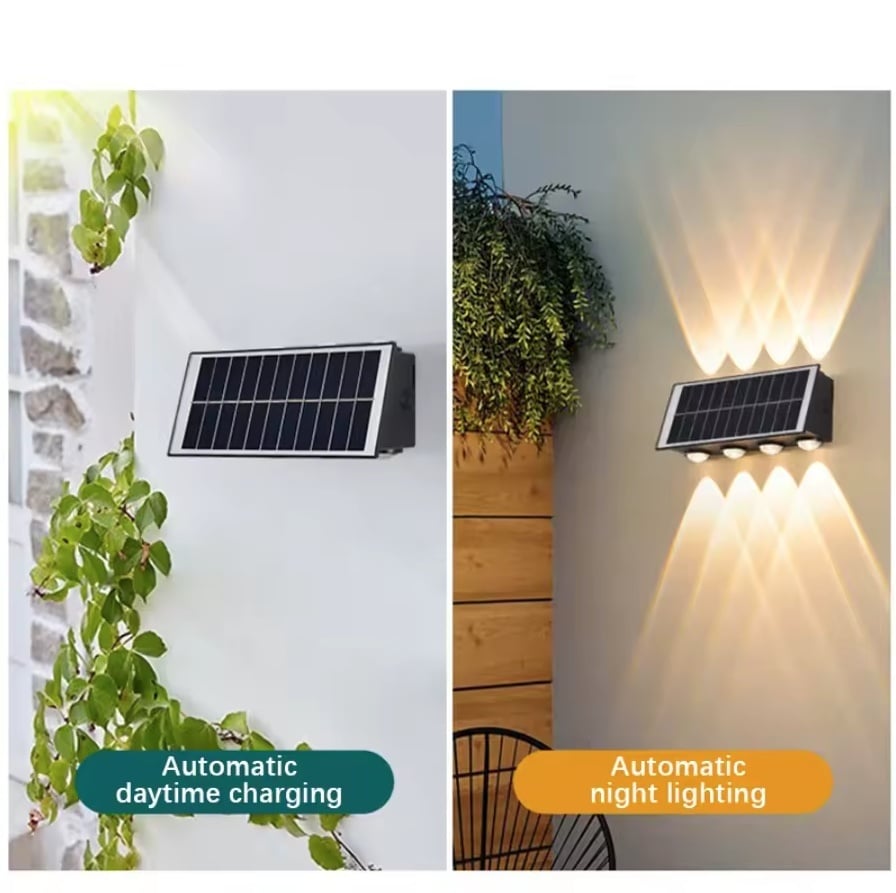 SET 2 LAMPI SOLARE BIDIRECTIONALE CU LUMINA SUS - JOS , 8 LED LUMINA ALB CALD SI RECE
