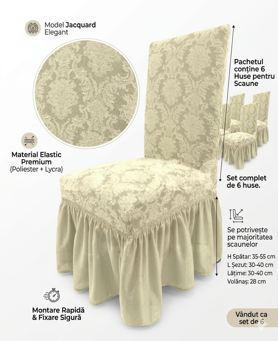 Set 6 Huse Elastice pentru Scaune cu volanas Jacquard, Crem