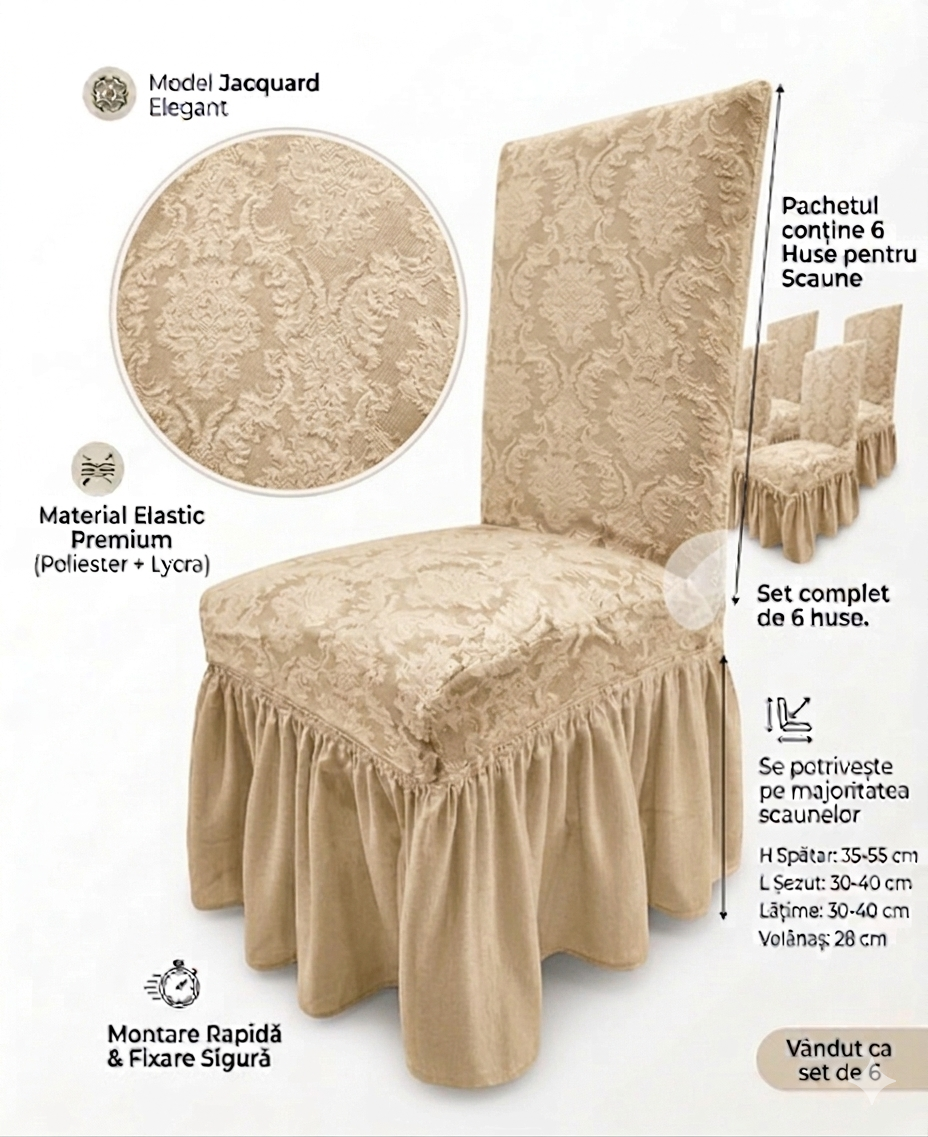 Set 6 Huse Elastice pentru Scaune cu volanas Jacquard, Bej