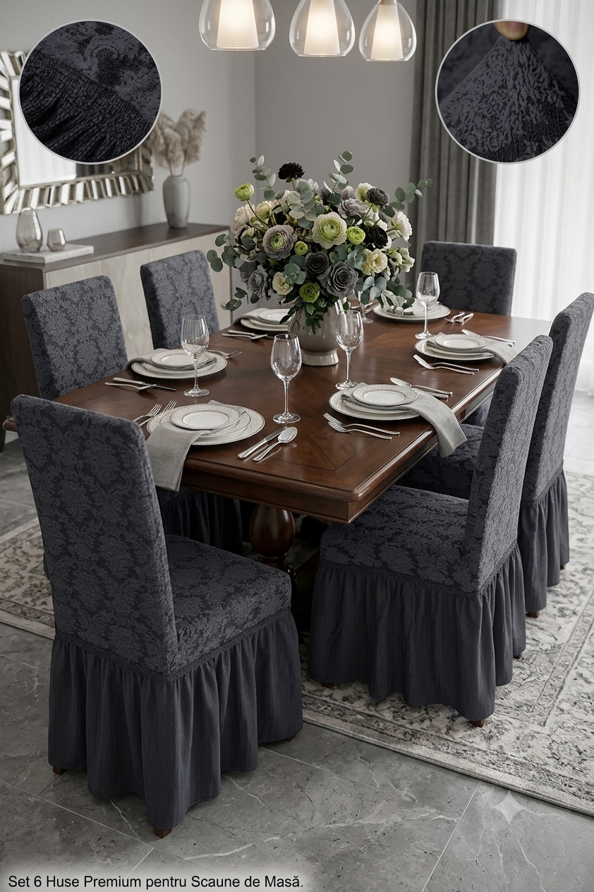 Set 6 Huse Elastice pentru Scaune cu volanas Jacquard, Gri inchis
