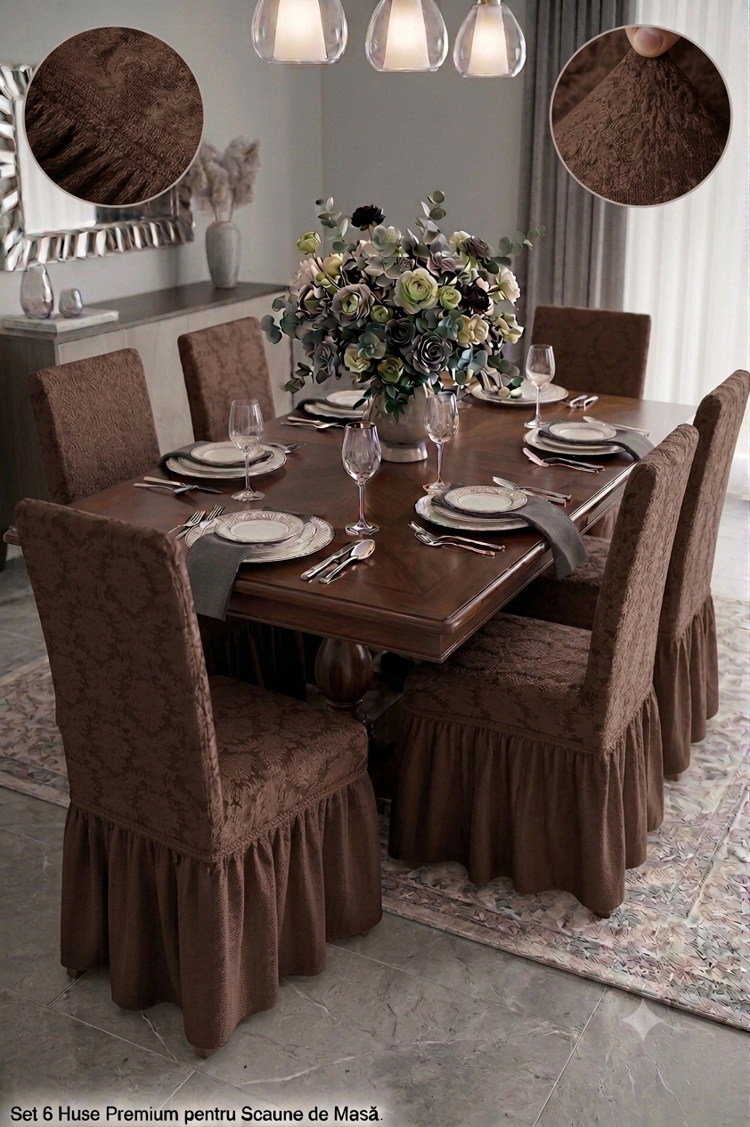 Set 6 Huse Elastice pentru Scaune cu volanas Jacquard, Maro
