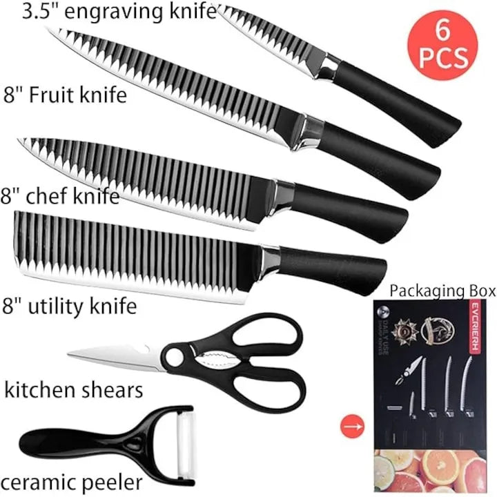 Set Cutite Bucatarie 6 Piese, Lame Ondulate Inox, Maner Antiderapant
