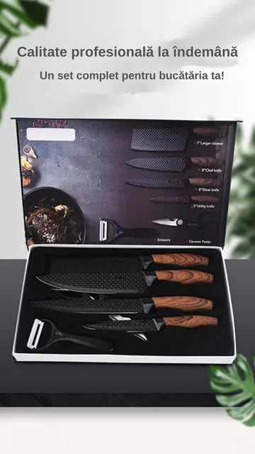 Set cutite bucatarie din inox, 6 piese, 4 cutite de bucatarie, 1 foarfeca din otel inoxidabil, 1 cutit din ceramica de decojit