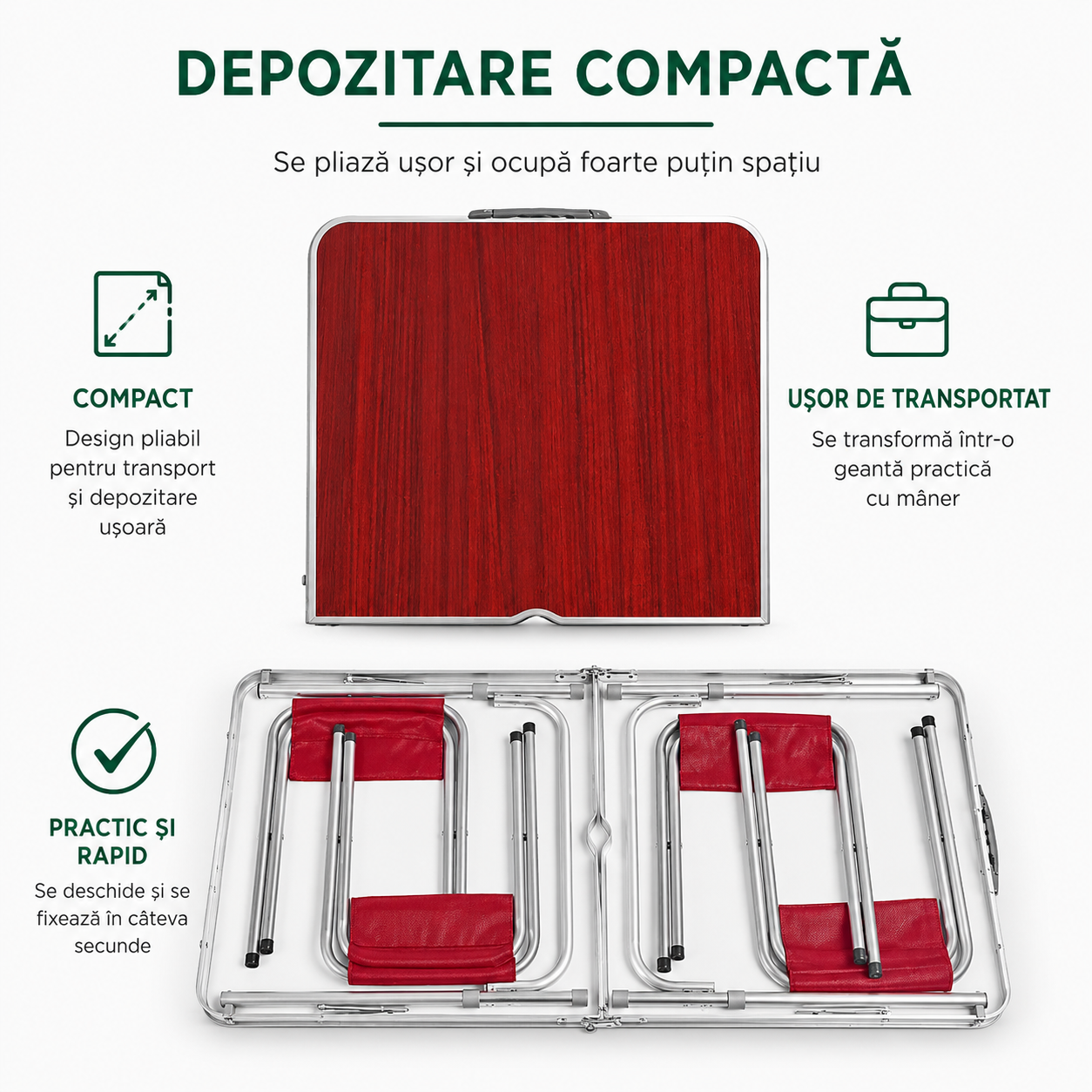 Masa Pliabila Tip Geanta cu 4 Scaune | 120 x 60 cm | Inaltime Reglabila 55-70 cm | Pentru Camping, Picnic, Gradina si Terasa