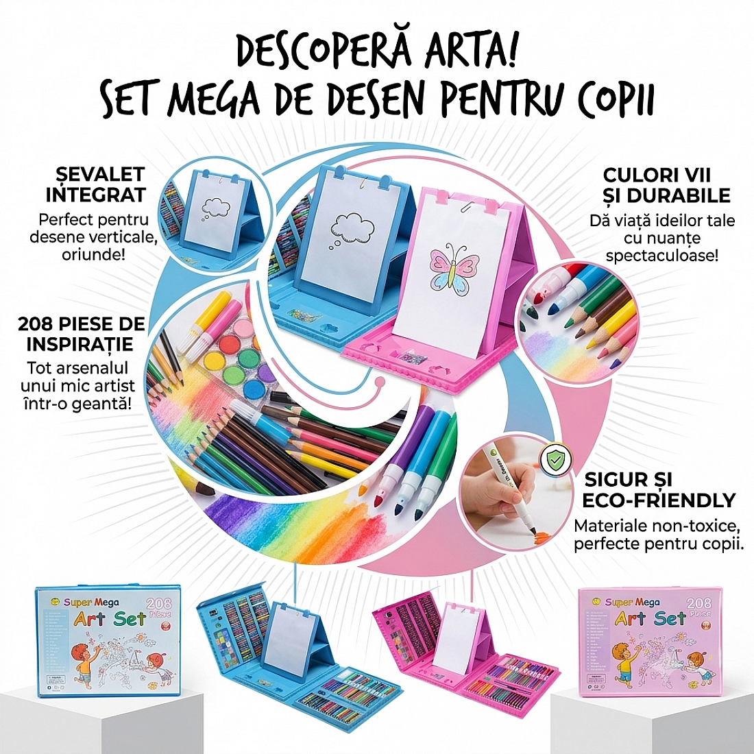 Set Pictura si Desen pentru Copii 208 Piese cu Suport pentru Foaie de Desen, Albastru, 3+ Ani