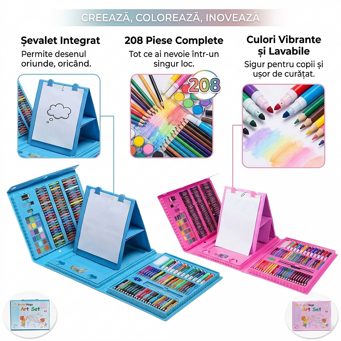Set Pictura si Desen pentru Copii 208 Piese cu Suport pentru Foaie de Desen, Albastru, 3+ Ani