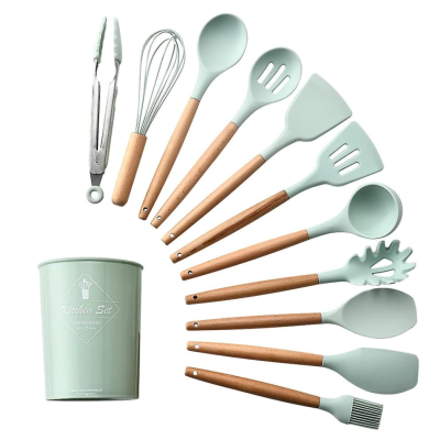 Set 12 Ustensile de Gatit din Silicon cu Maner din Bambus – Sigur & Eco-Friendly