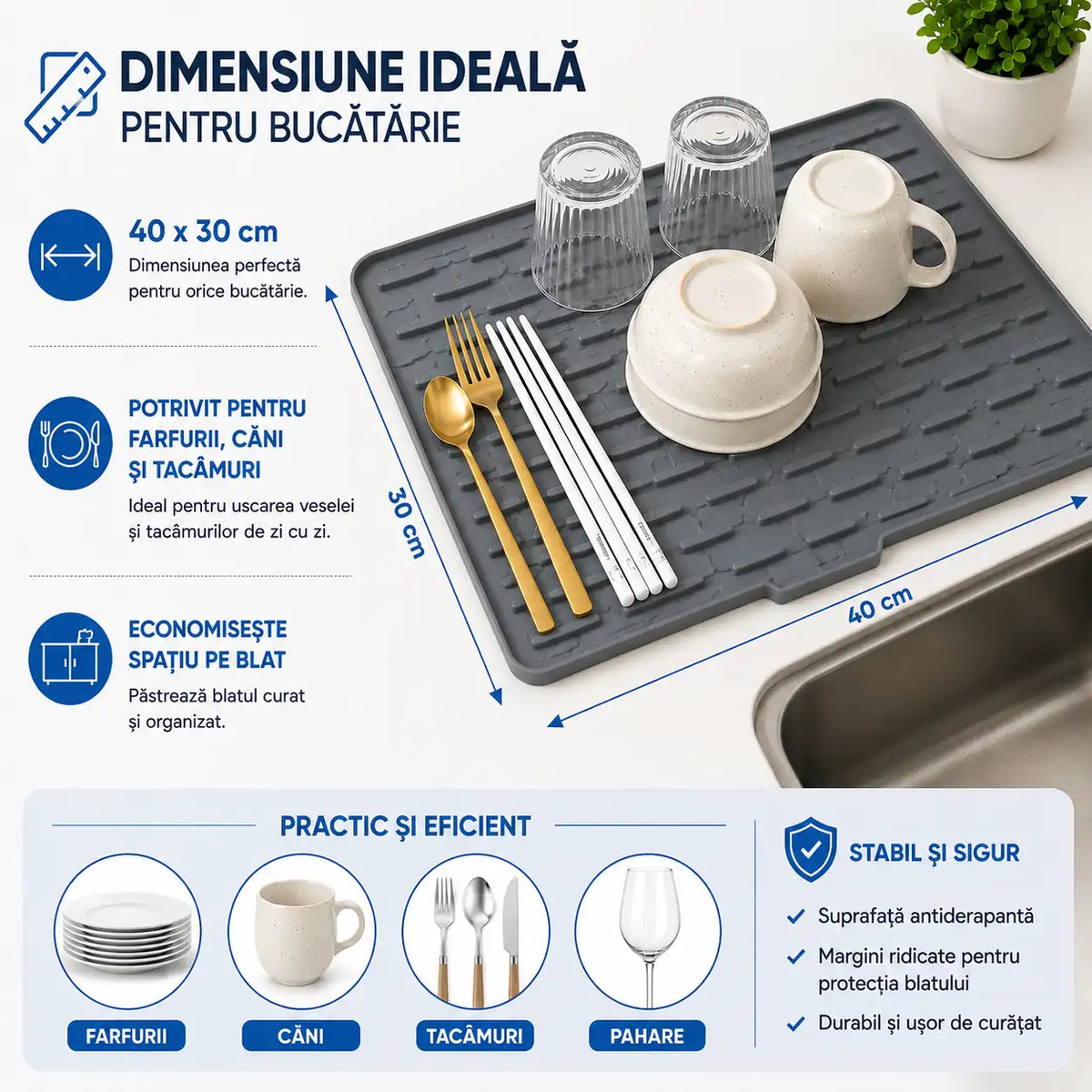 Protejează Blatul și Economisește Spațiu – Suport de Uscare pentru Vase din SiliconCu dimensiunile de 25 x 32 cm