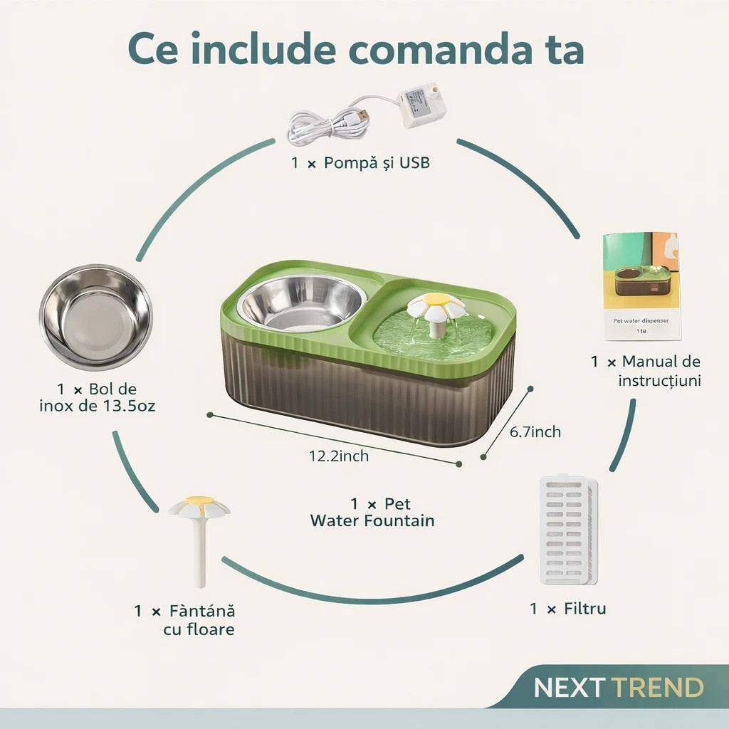 Fantana Apa Caini si Pisici 3L cu Filtru & Pompa Silentioasa + Bol Inox – Dispenser Automat Pet