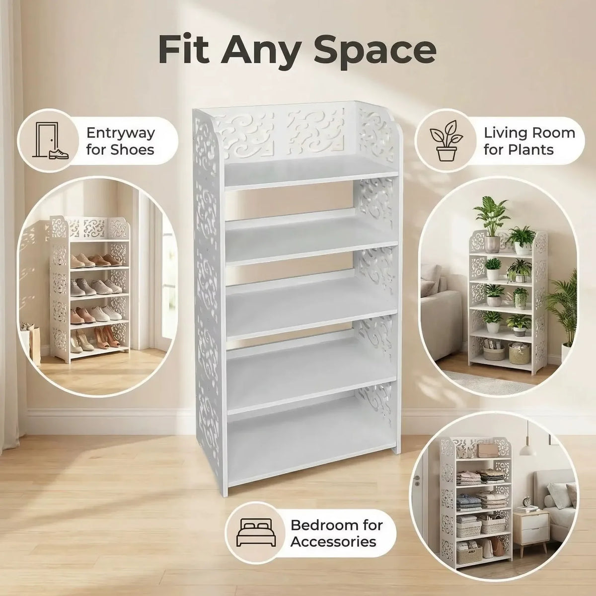 Pantofar din Lemn Alb cu 5 Rafturi, 90x24x62 cm